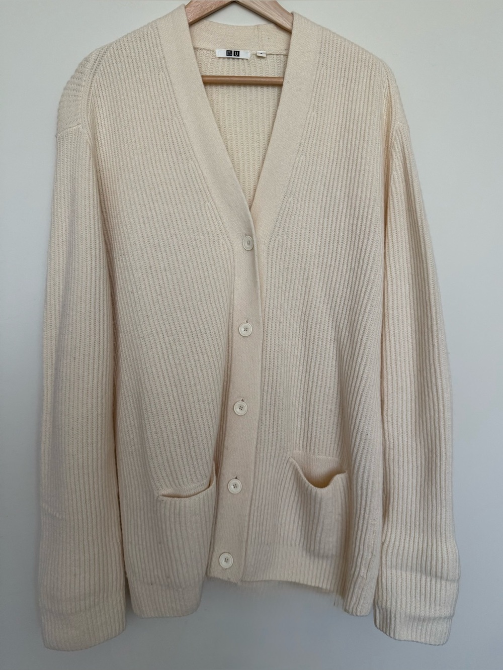 Lemaire UniqloU Premium Wool Ribbed V Long Cardigan Sweater M Cream Oat milk EUC
